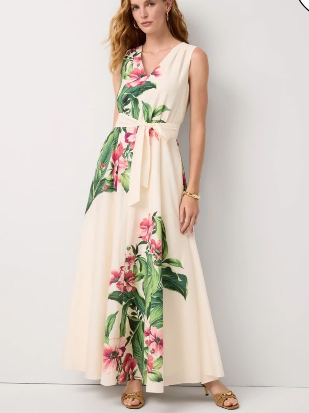 White House Black Market crepe Sleeveless Cream vintage Floral belted Maxi Dress